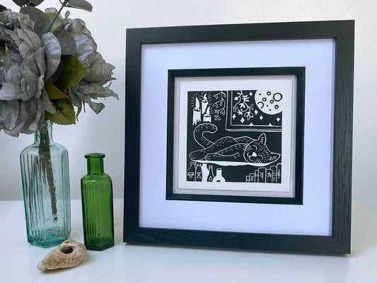 Black Witches Cat - Open Edition - Linocut Print