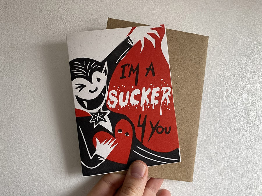 I'm a Sucker 4 You - Handprinted Linocut Greetings Card