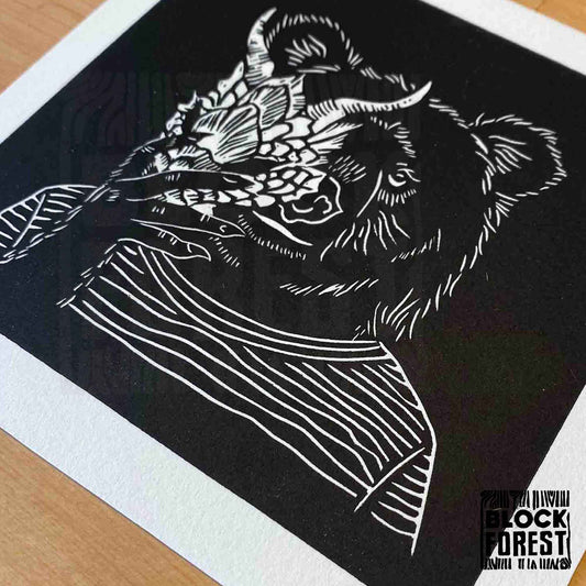 Anthro Bear Dragon Mask - Open Edition - Linocut Print