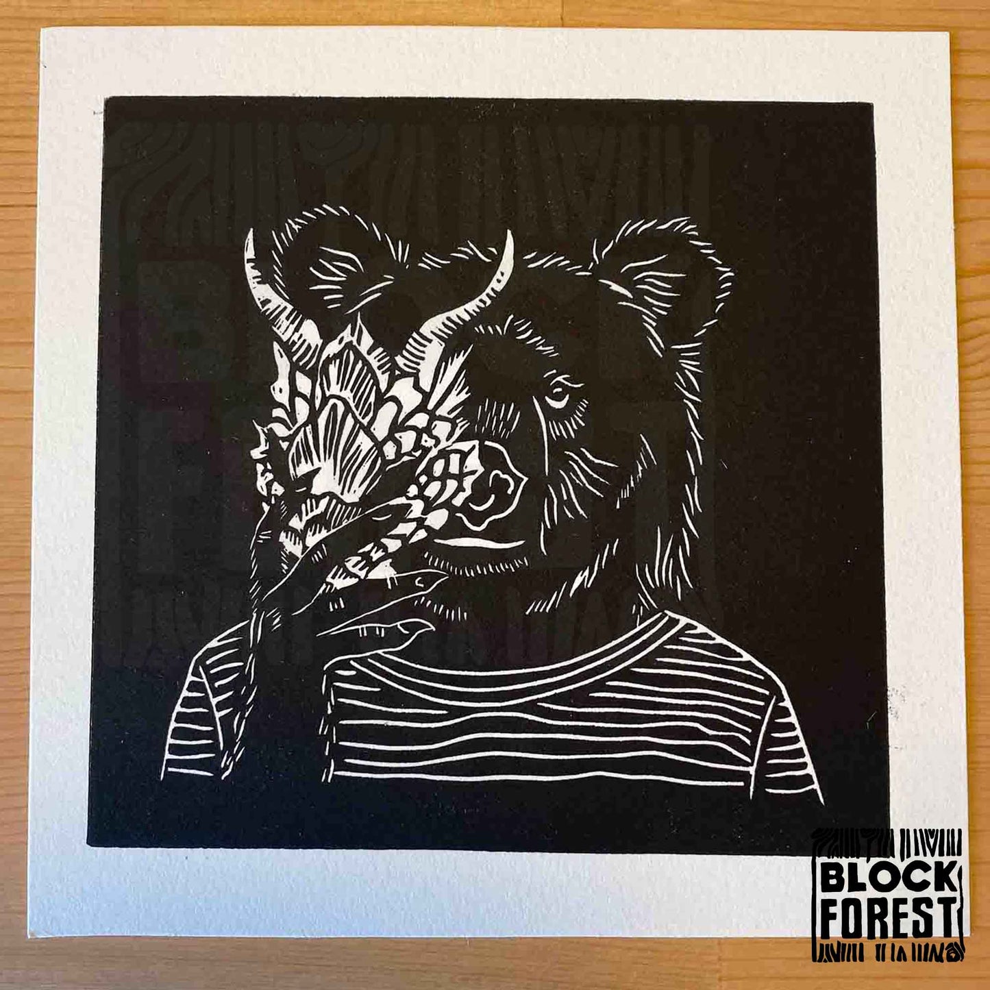 Anthro Bear Dragon Mask - Open Edition - Linocut Print