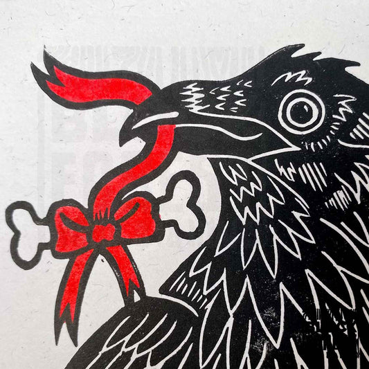 Gift Raven - Handprinted Linocut Greetings Card