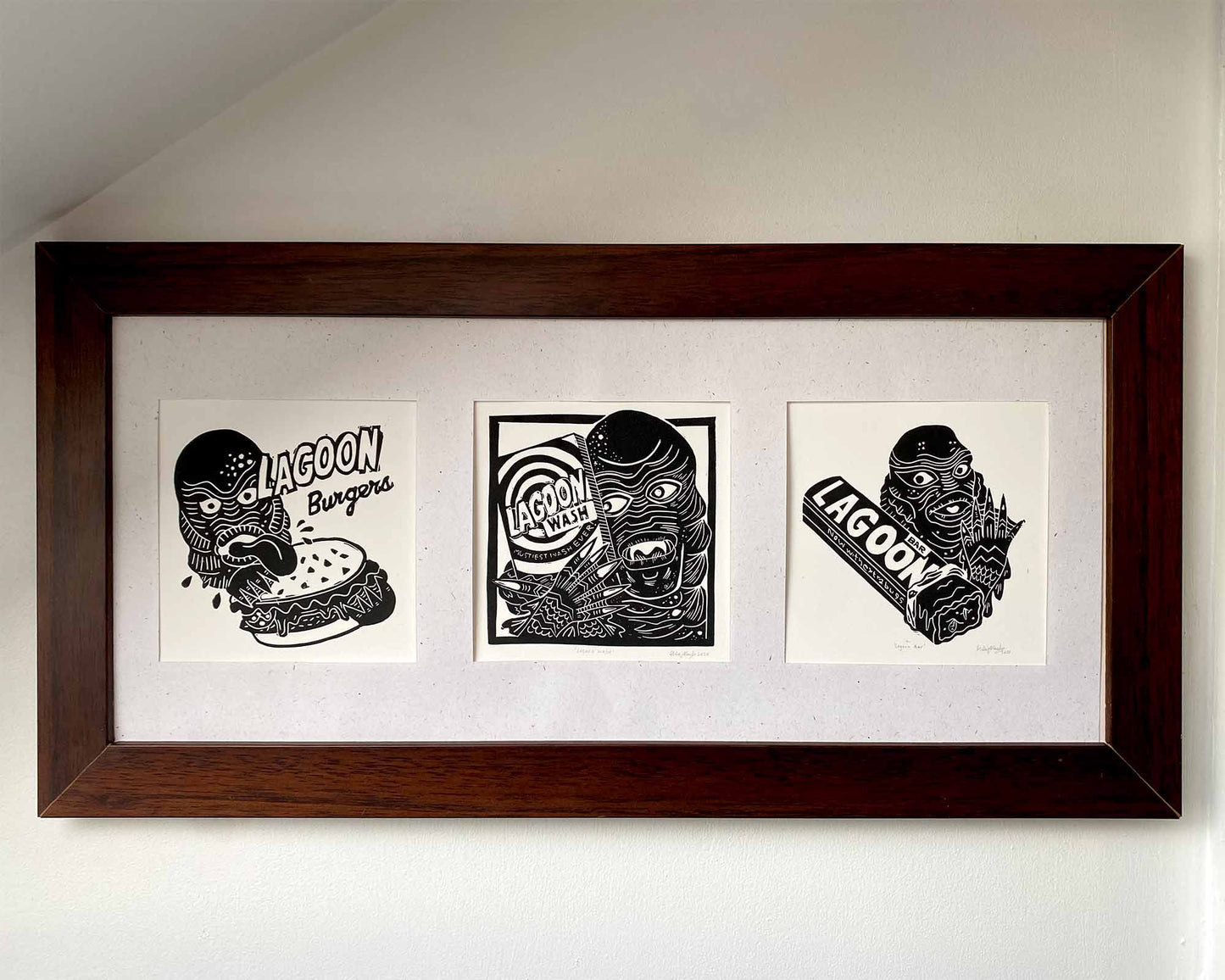 Lagoon Creature Triptych. Set of Three Linocut Prints
