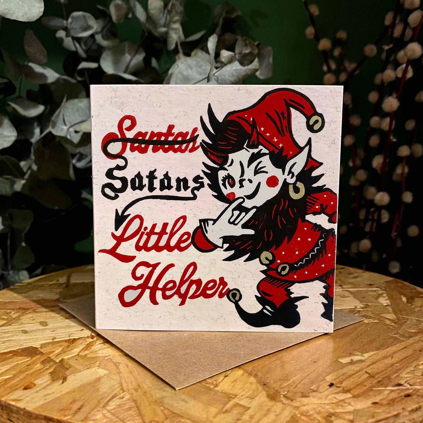 Santas (Satans) Little Helper - Festive Linocut Greetings Card