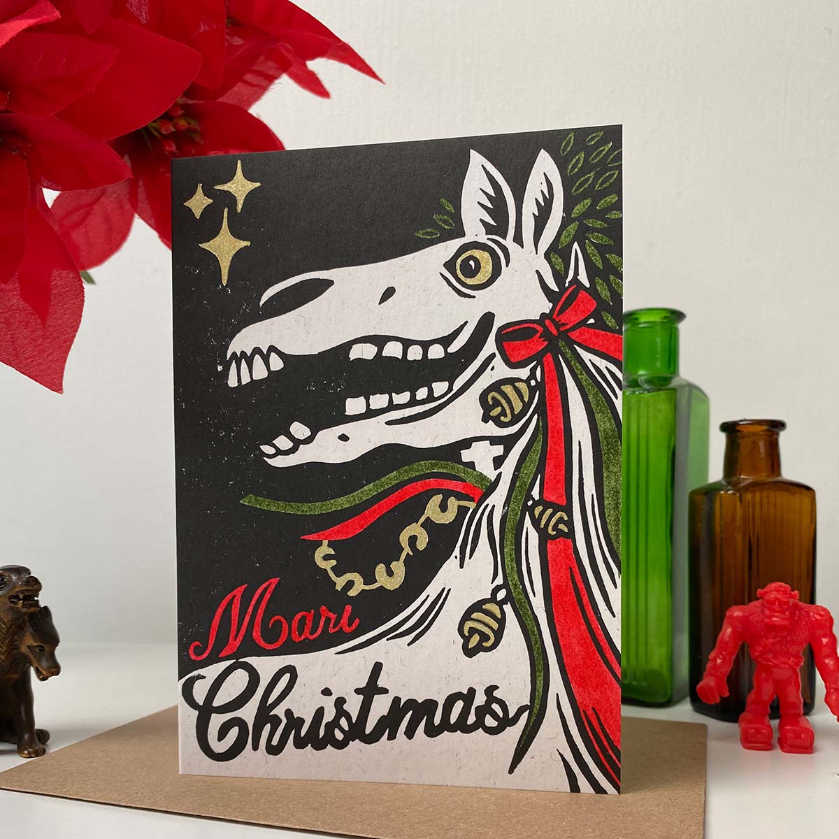 Mari Lwyd- Festive Linocut Greetings Card