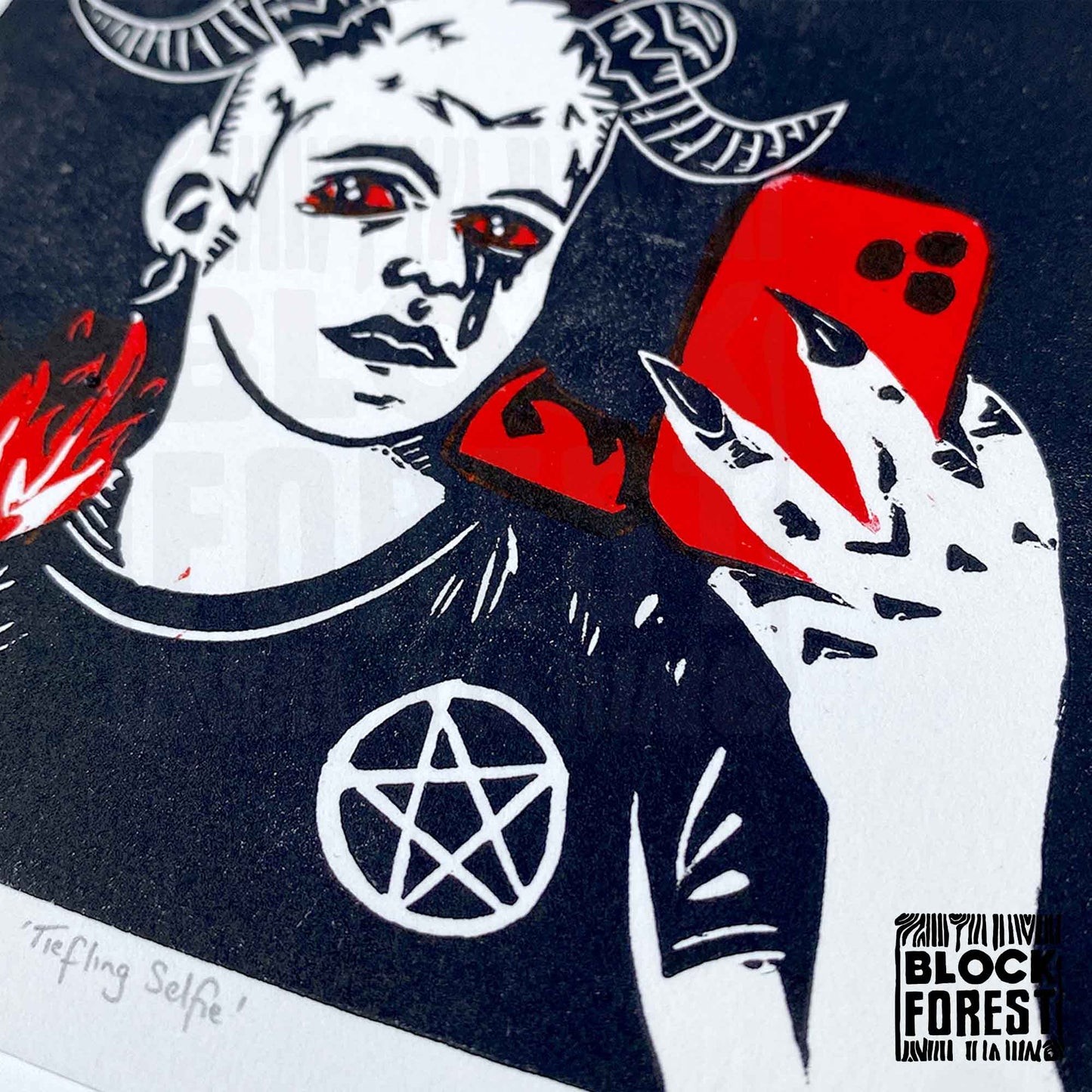 Tiefling Selfie - Open Edition - Linocut Print