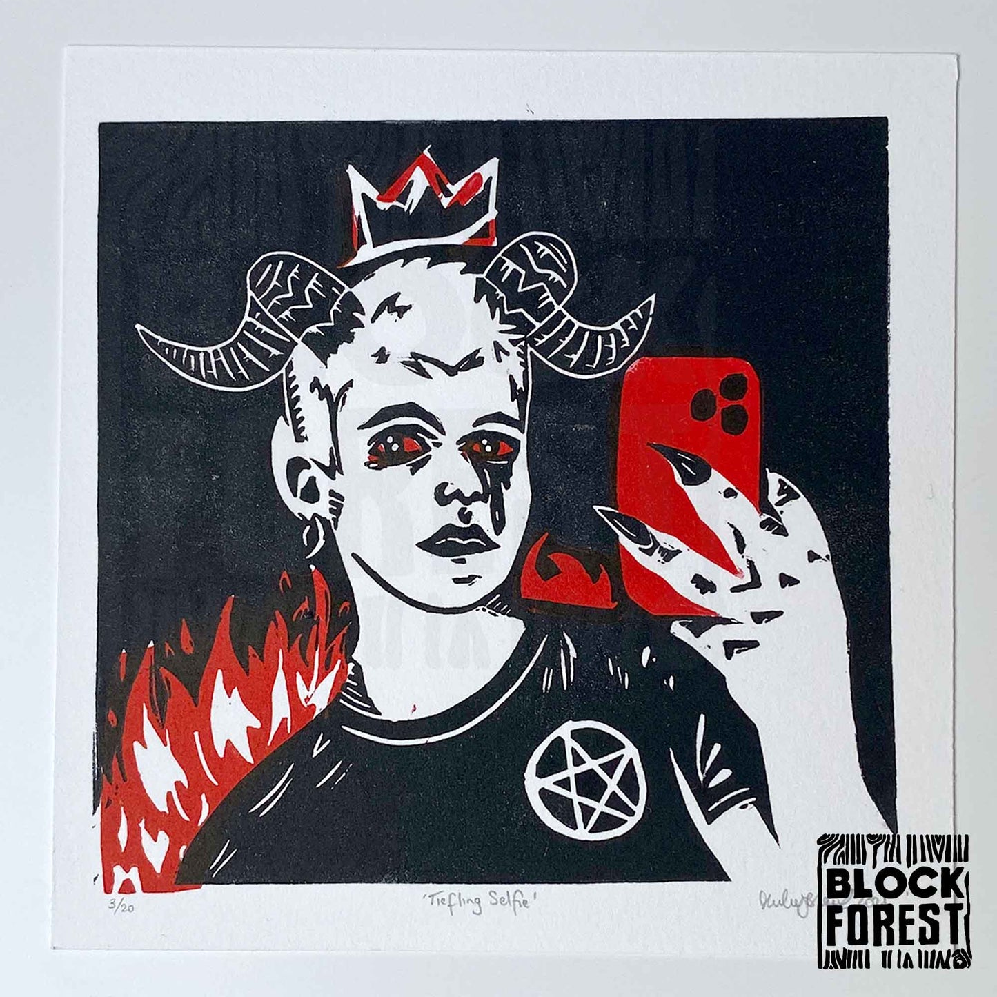 Tiefling Selfie - Open Edition - Linocut Print