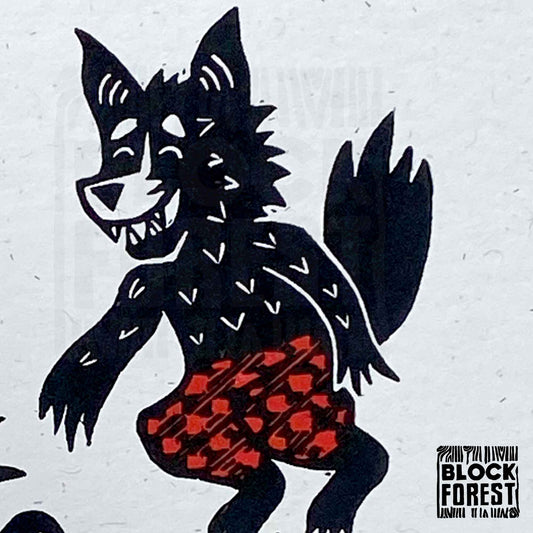 Werewolf Dad & Kid - Handprinted Linocut Greetings Card