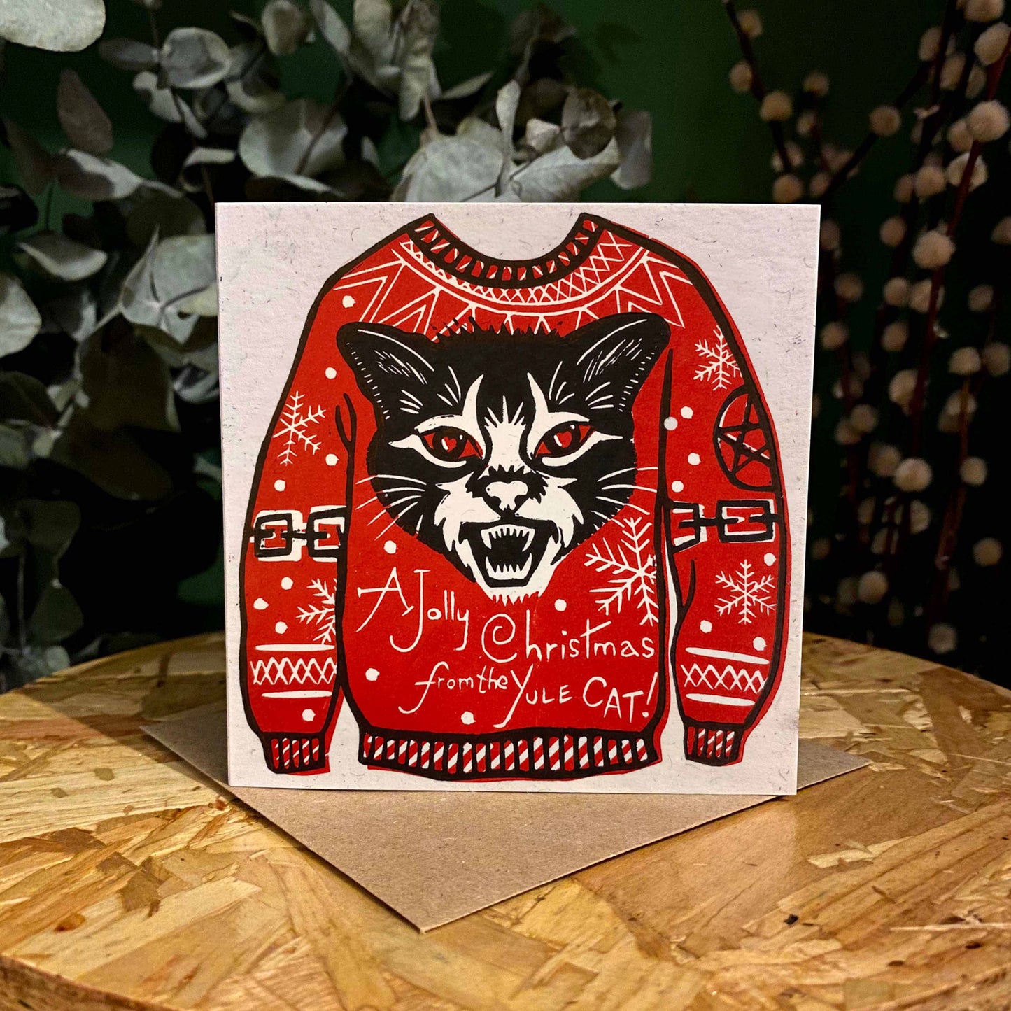 Jolly Christmas Yule Cat - Linocut Print Card