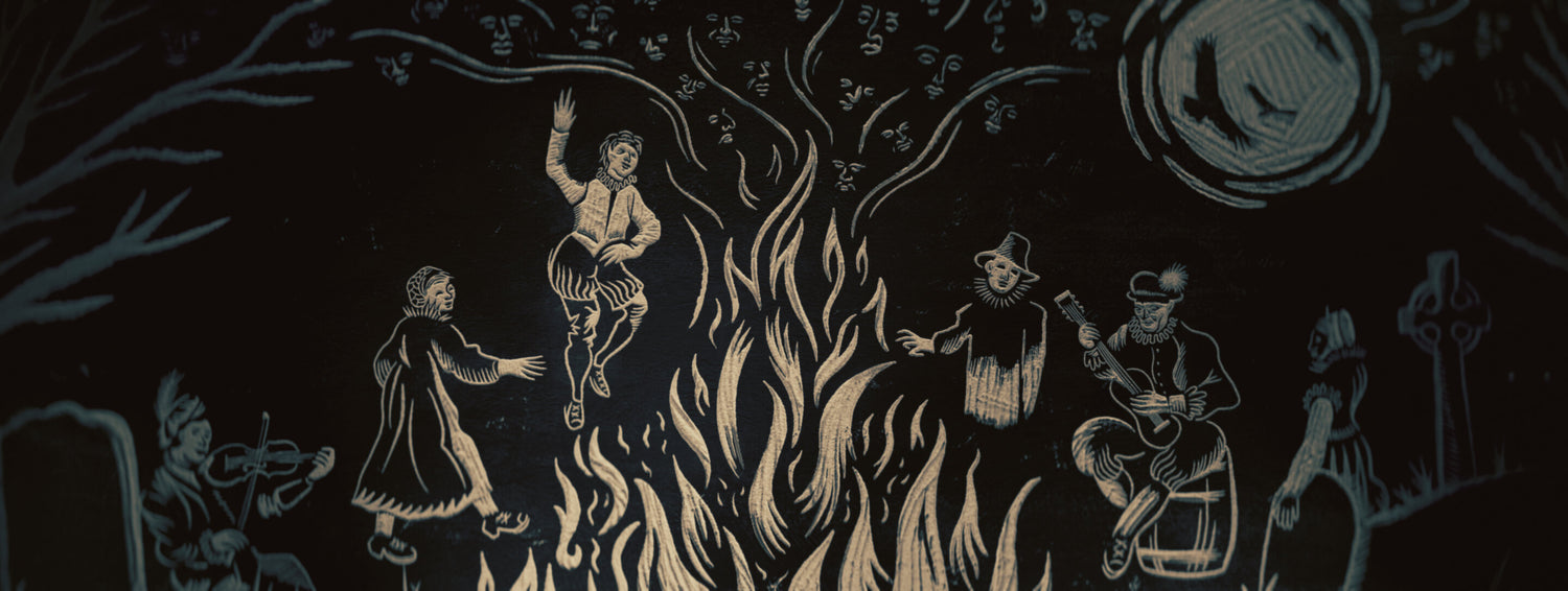 Scene from Sinners prologue of Irish folk dancing under a full moon with birds circling and faces of ancestors rising from the flames of a fire. https://www.experienceperception.com/wp-content/uploads/banners/sinners-perception-06-uai-2880x1086.jpg