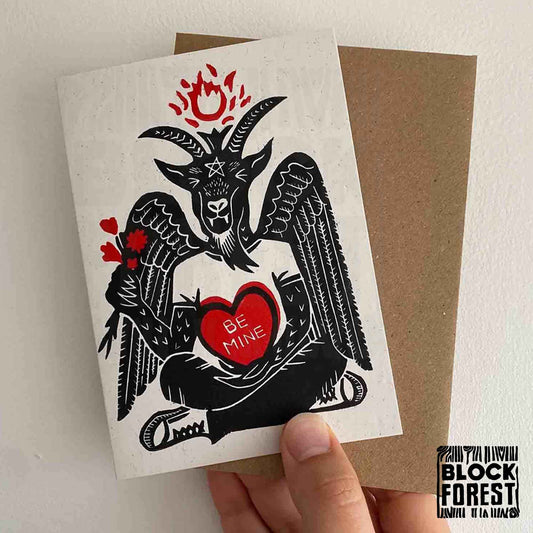 Baphomet Be Mine - Handprinted Linocut Greetings Card