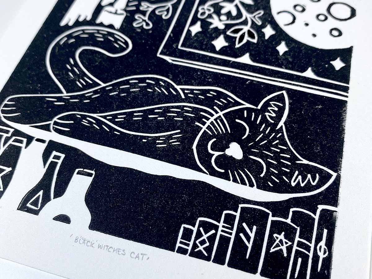 Black Witches Cat - Open Edition - Linocut Print