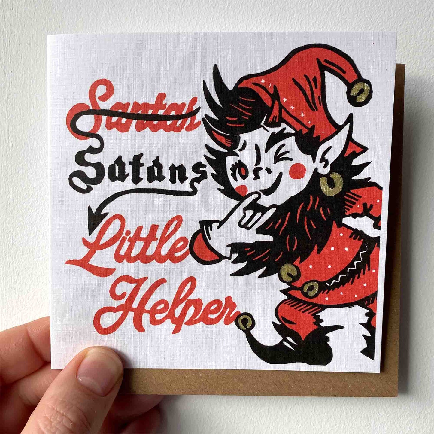 Santas (Satans) Little Helper - Festive Linocut Greetings Card