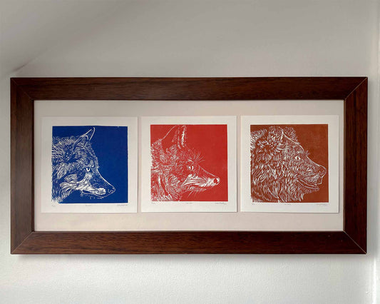 Spirit Animals Triptych. Set of Three Linocut Prints