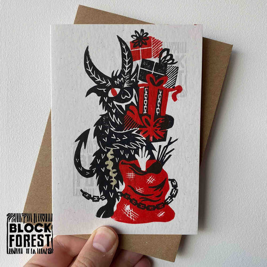 Krampus Presents - Festive Linocut Greetings Card