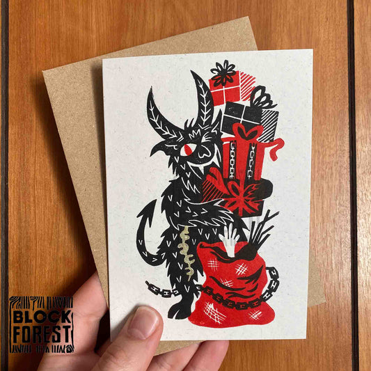 Krampus Presents - Festive Linocut Greetings Card