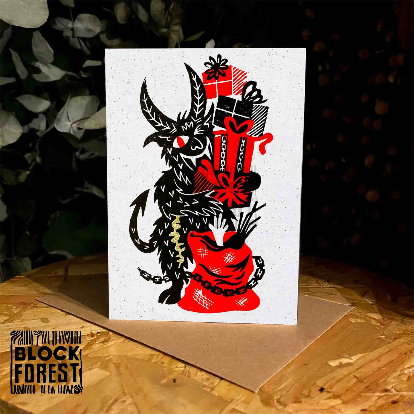 Krampus Presents - Festive Linocut Greetings Card