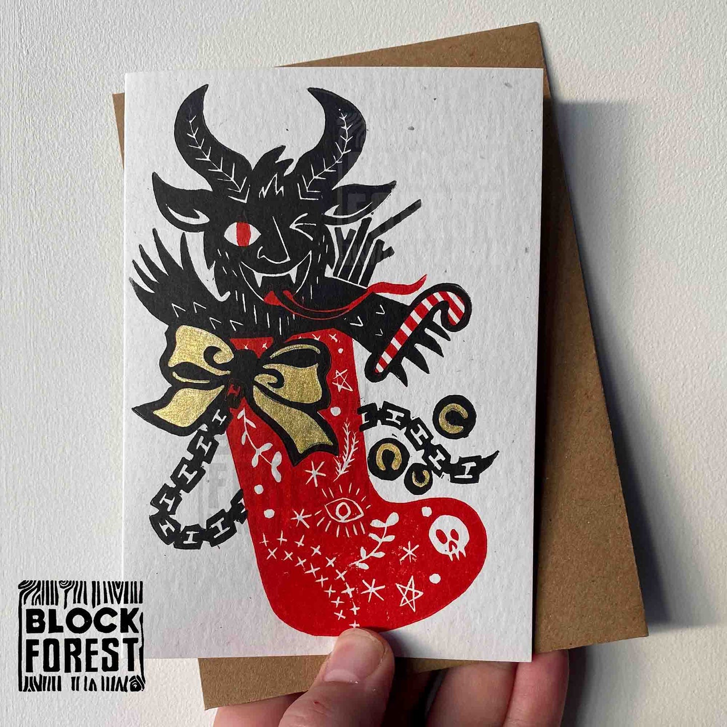 Krampus Stocking Filler - Festive Linocut Greetings Card