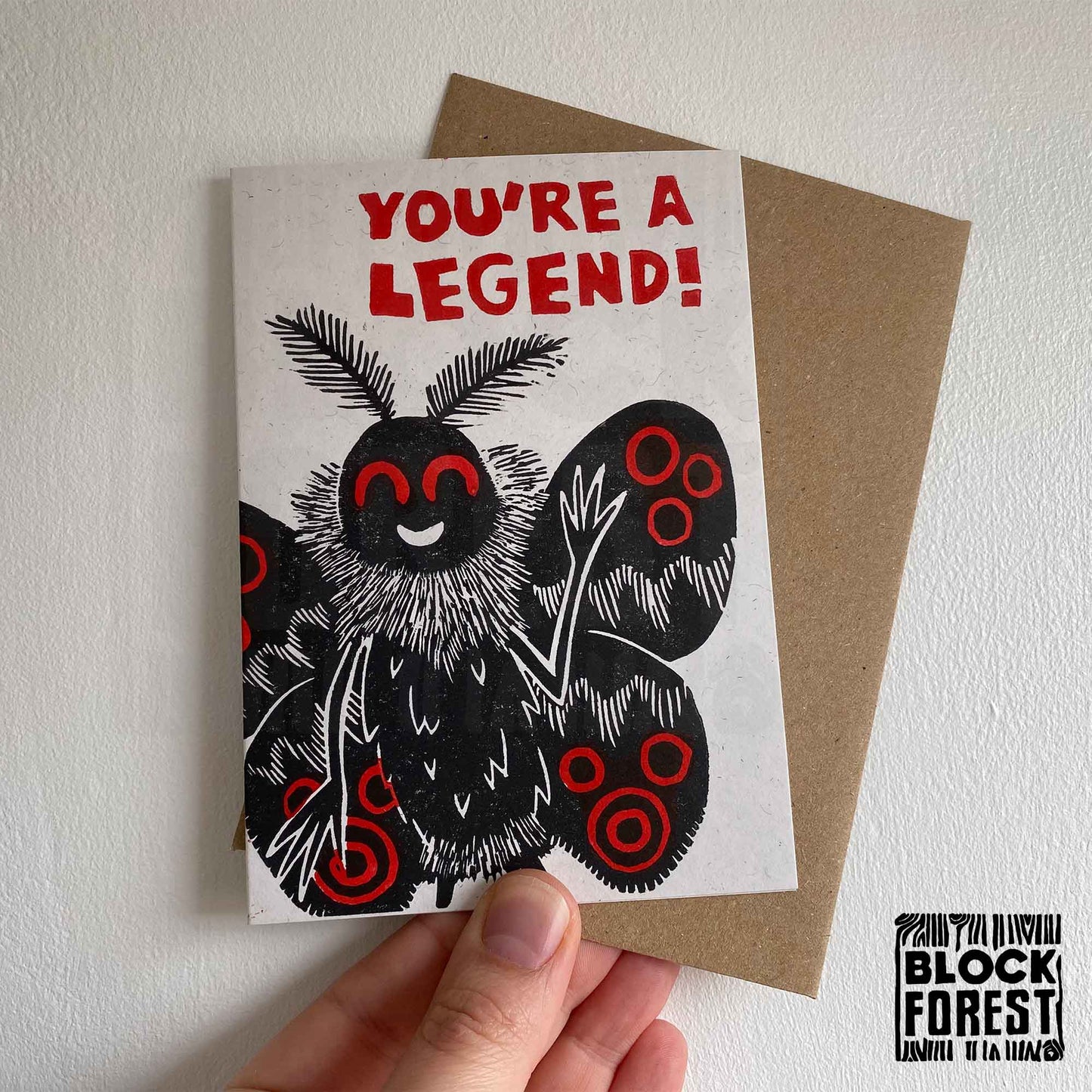 You're A Legend: Mothman  - Handprinted Linocut Greetings Card