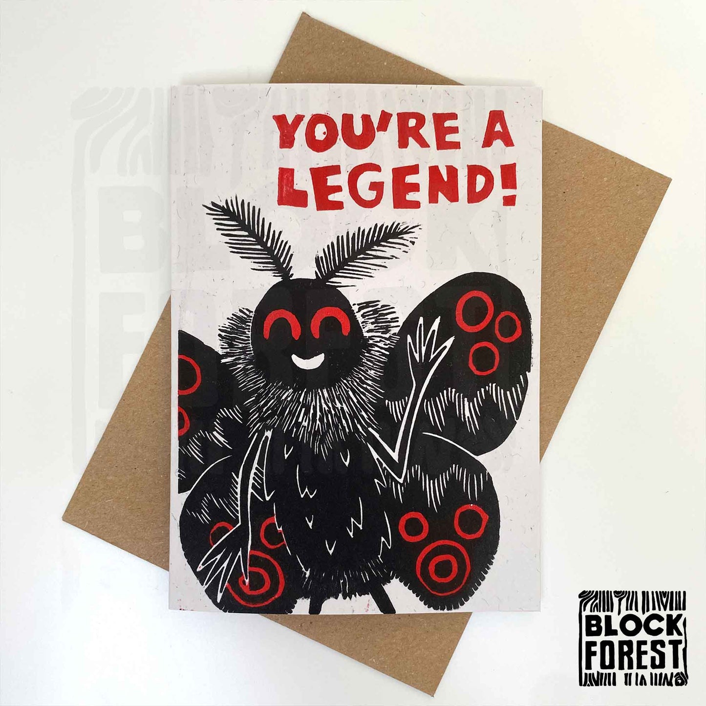 You're A Legend: Mothman  - Handprinted Linocut Greetings Card