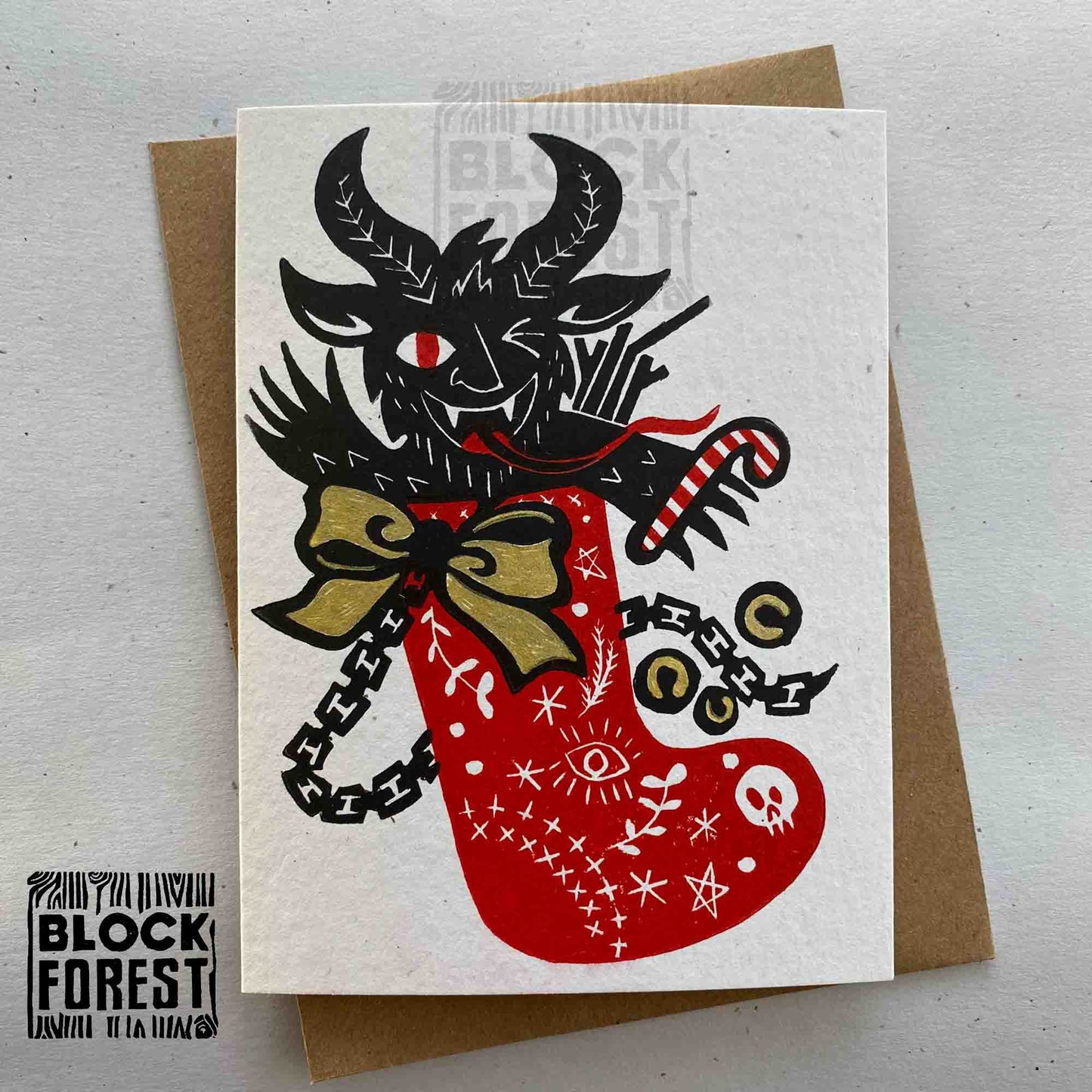 Krampus Stocking Filler - Festive Linocut Greetings Card