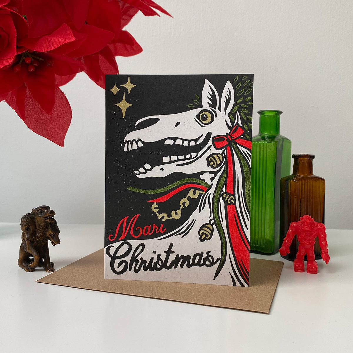 Mari Lwyd- Festive Linocut Greetings Card