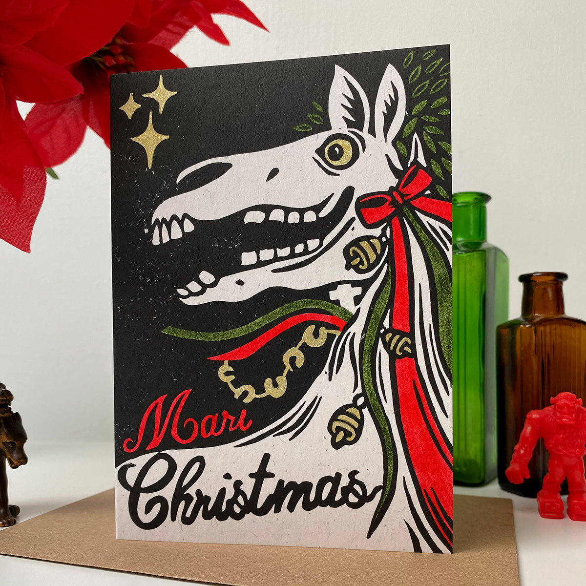 Mari Lwyd- Festive Linocut Greetings Card
