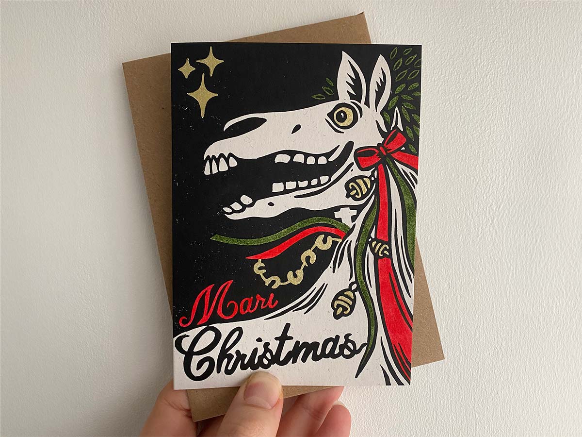 Mari Lwyd- Festive Linocut Greetings Card