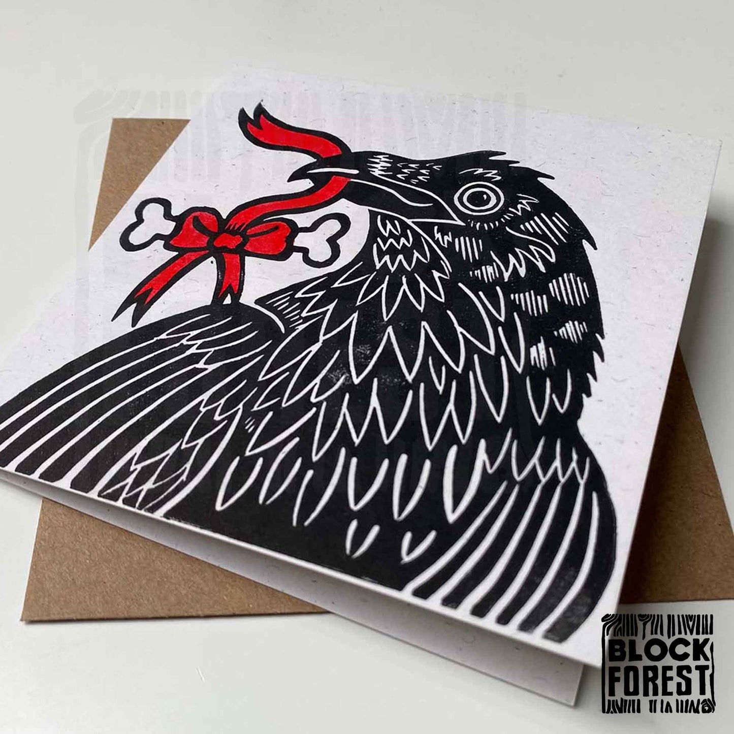 Gift Raven - Handprinted Linocut Greetings Card