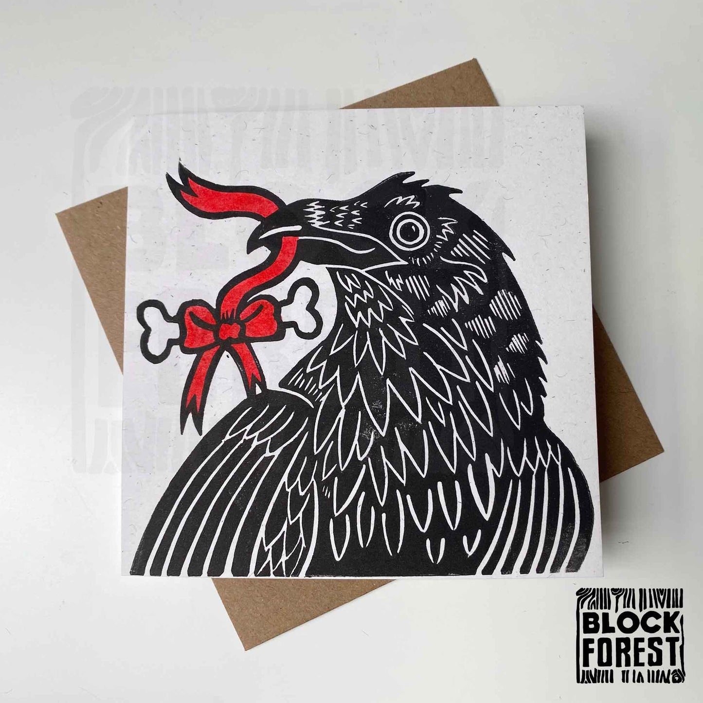 Gift Raven - Handprinted Linocut Greetings Card