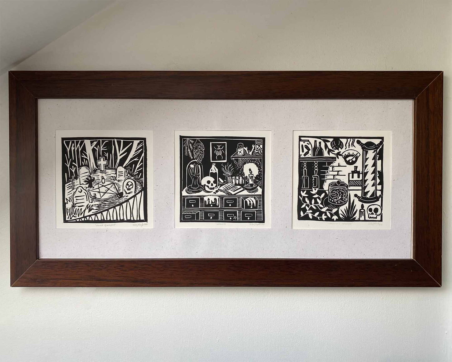 Spooky Scenes Triptych. Set of Three Linocut Prints