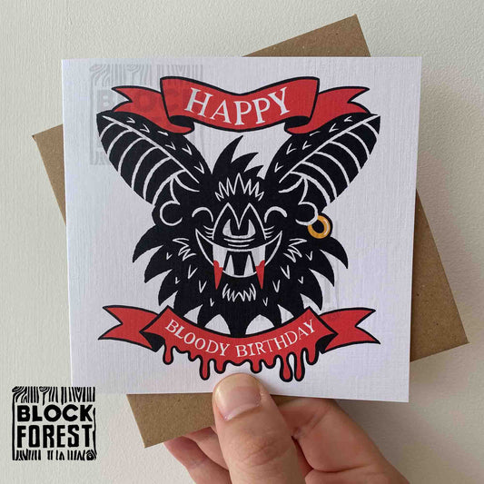 Happy Bloody Birthday - Handprinted Linocut Greetings Card