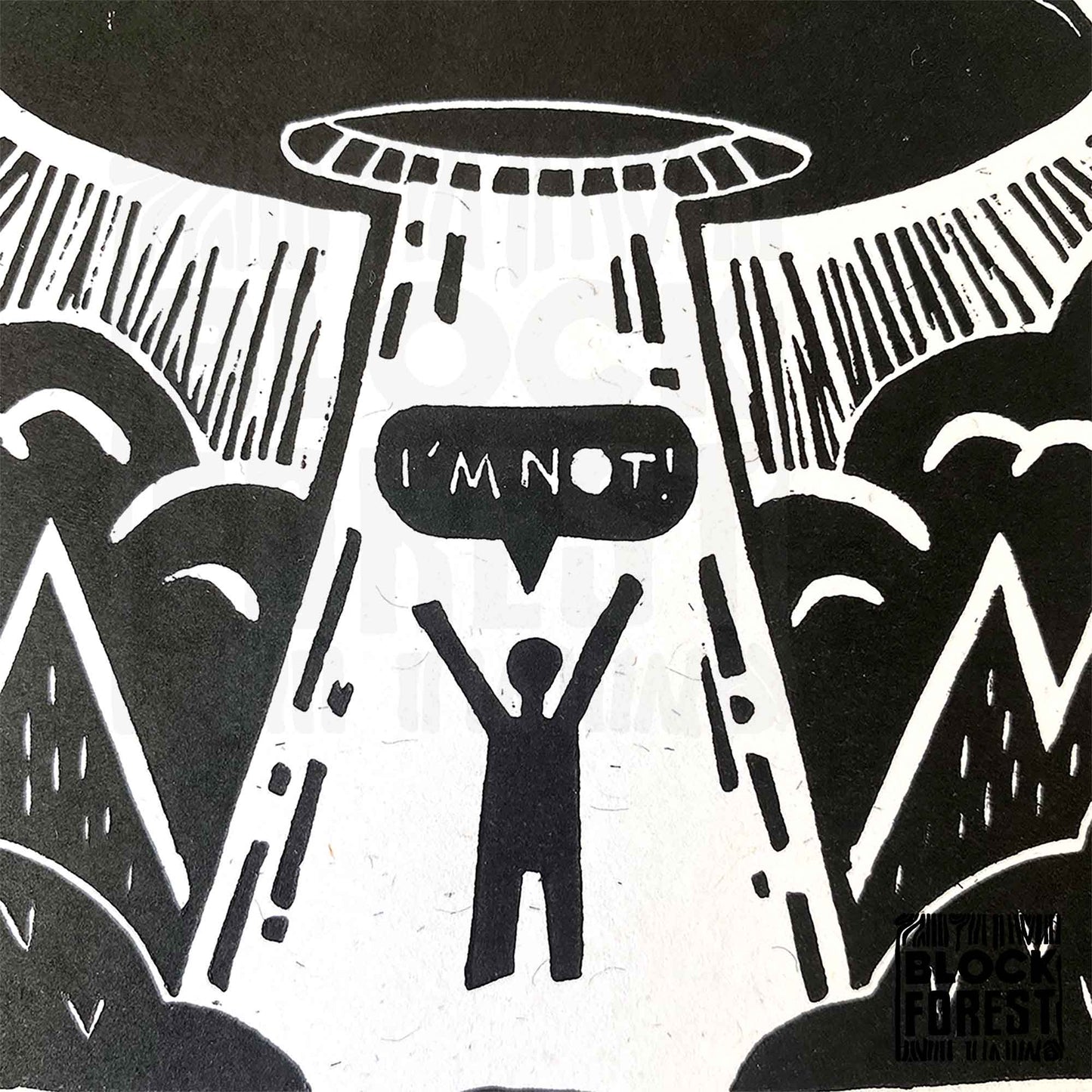 Sorry You're Leaving (on a UFO) - Handprinted Linocut Greetings Card