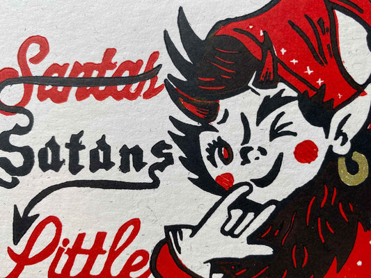 Santas (Satans) Little Helper - Festive Linocut Greetings Card