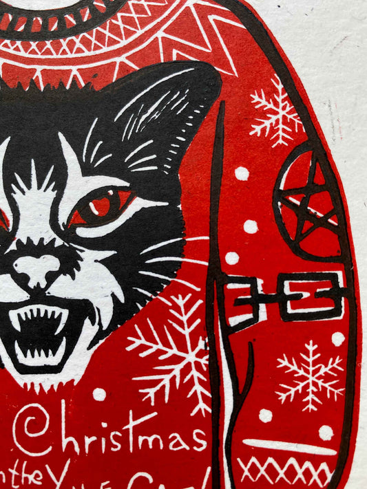 Jolly Christmas Yule Cat  - Linocut Print Card
