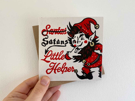 Santas (Satans) Little Helper - Festive Linocut Greetings Card