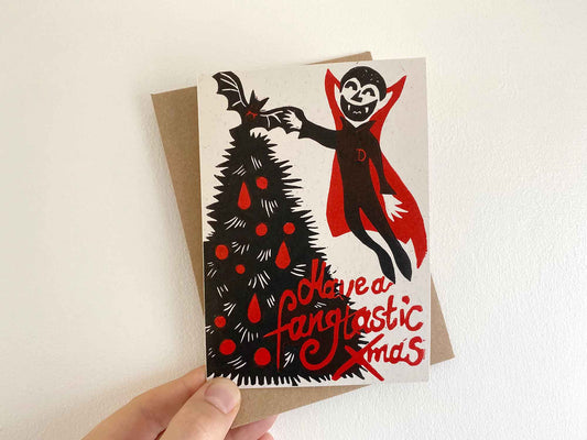 Fangtastic Xmas - Festive Linocut Greetings Card