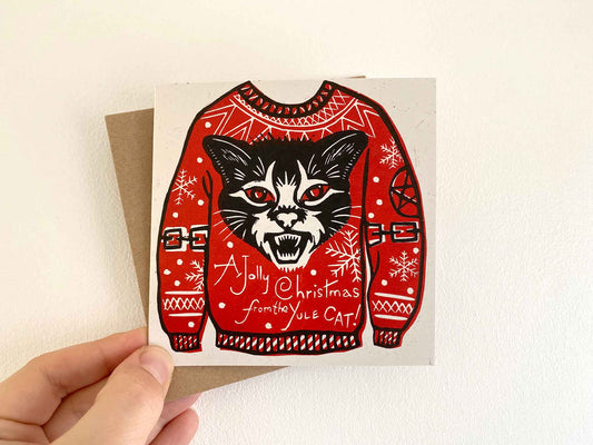 Jolly Christmas Yule Cat  - Linocut Print Card