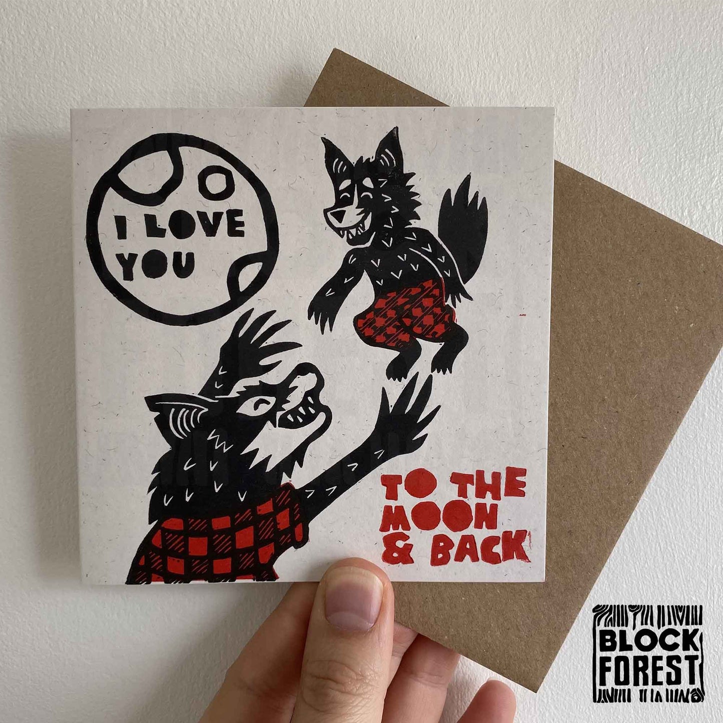 Werewolf Dad & Kid - Handprinted Linocut Greetings Card